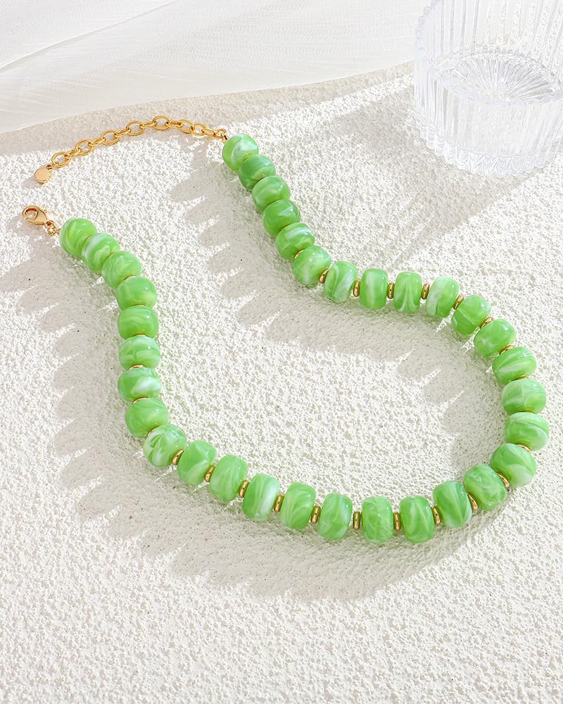 FAUTHENTICUTE Green Beaded Choker Necklace for Women Chunky Statement Western & Beach Summer Beaded Necklaces Trendy Everyday Boho Bead Choker Necklaces for Women
