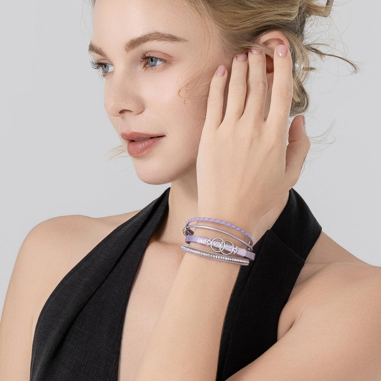 FANCY SHINY Boho Wrap Bracelets Leather Cuff Bangle Beaded Bracelets for Women Stackable Infinity Bracelets Jewelry with Clasp(Purple)