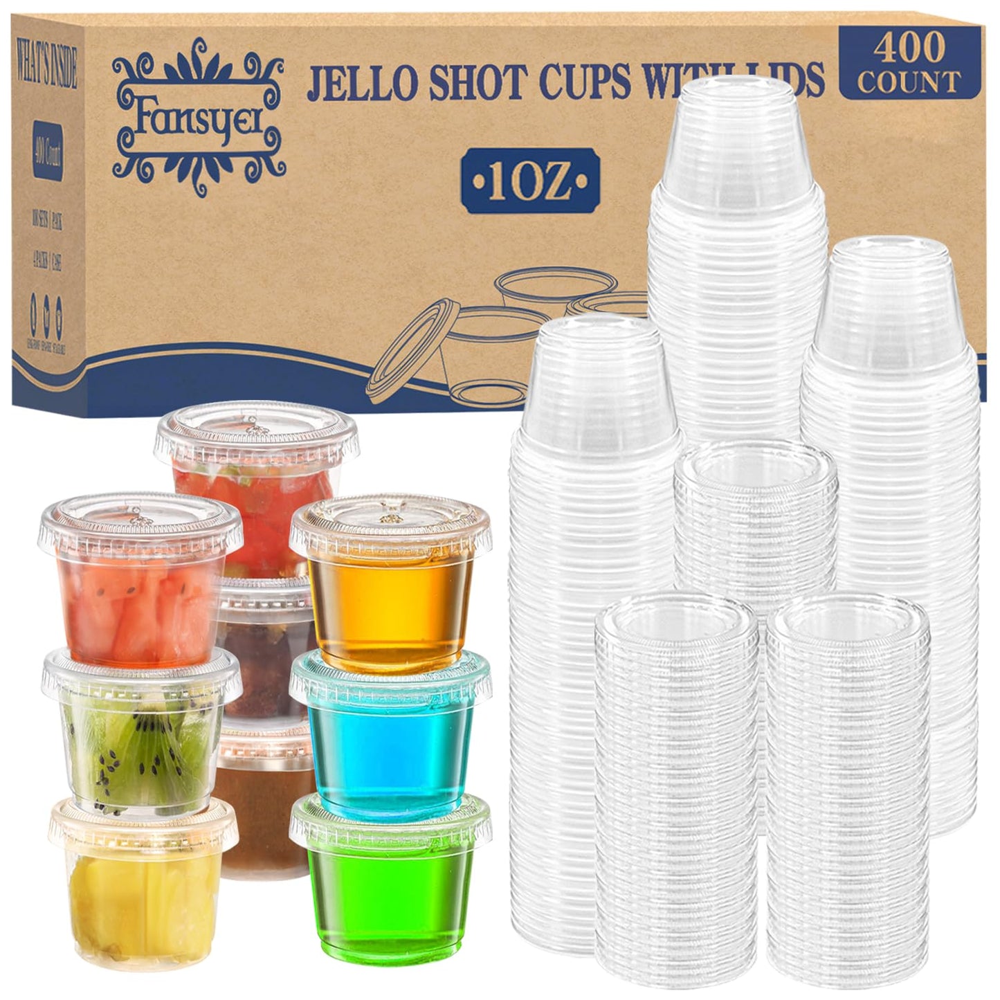 Fansyer 400 sets - 1 oz Containers with Lids, Jello Shot Cups with Lids, Bulk ＆ Clear Portion Cups, Disposable Small Plastic Containers for Salad Dressing, Condiments, Sauce, Snacks