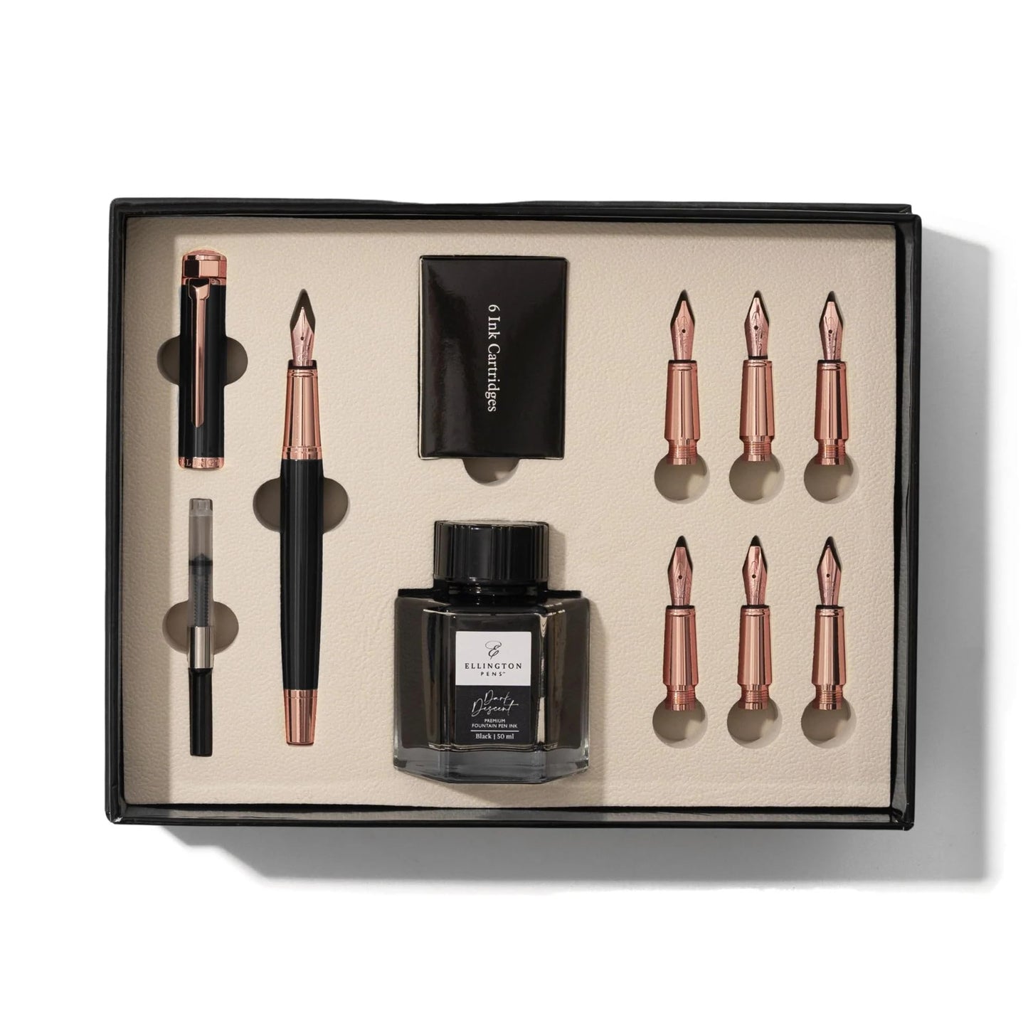 Ellington Pens Luxury Calligraphy Set - Premium Fountain Pen with 6 Nibs, 50 ml Black Ink Bottle, 6 Cartridges, Converter, Elegant Gift Box – Perfect for Drawing, Writing, Gifting (Midnight Rose)