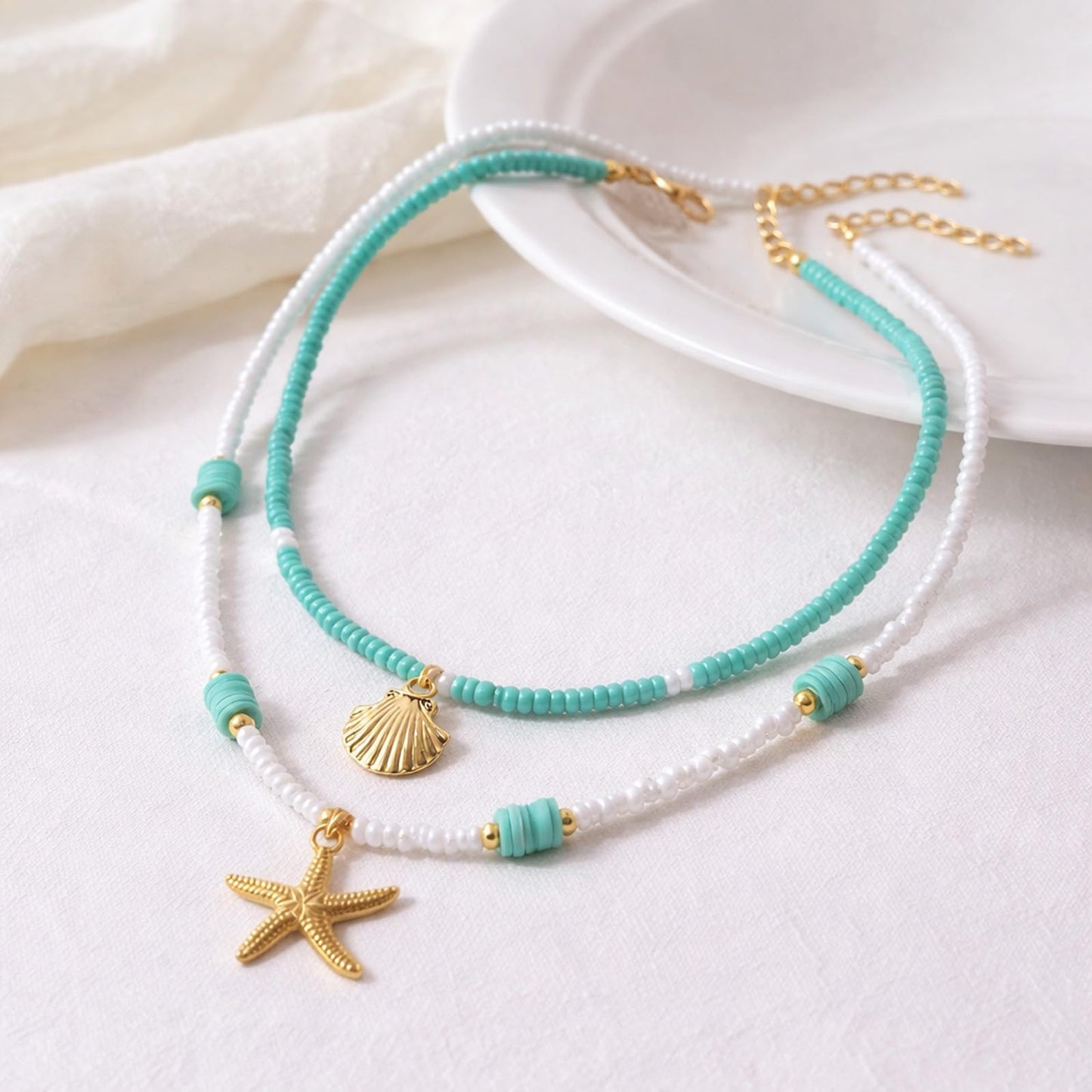 NMZH Shell Starfish Pendant Layered Necklace Set，2 Pcs Boho Y2k Blue White Beaded Gold Seashell Star Charm Choker Summer Beach Ocean Dainty Adjustable Trendy for Women Jewelry Gifts (Blue)