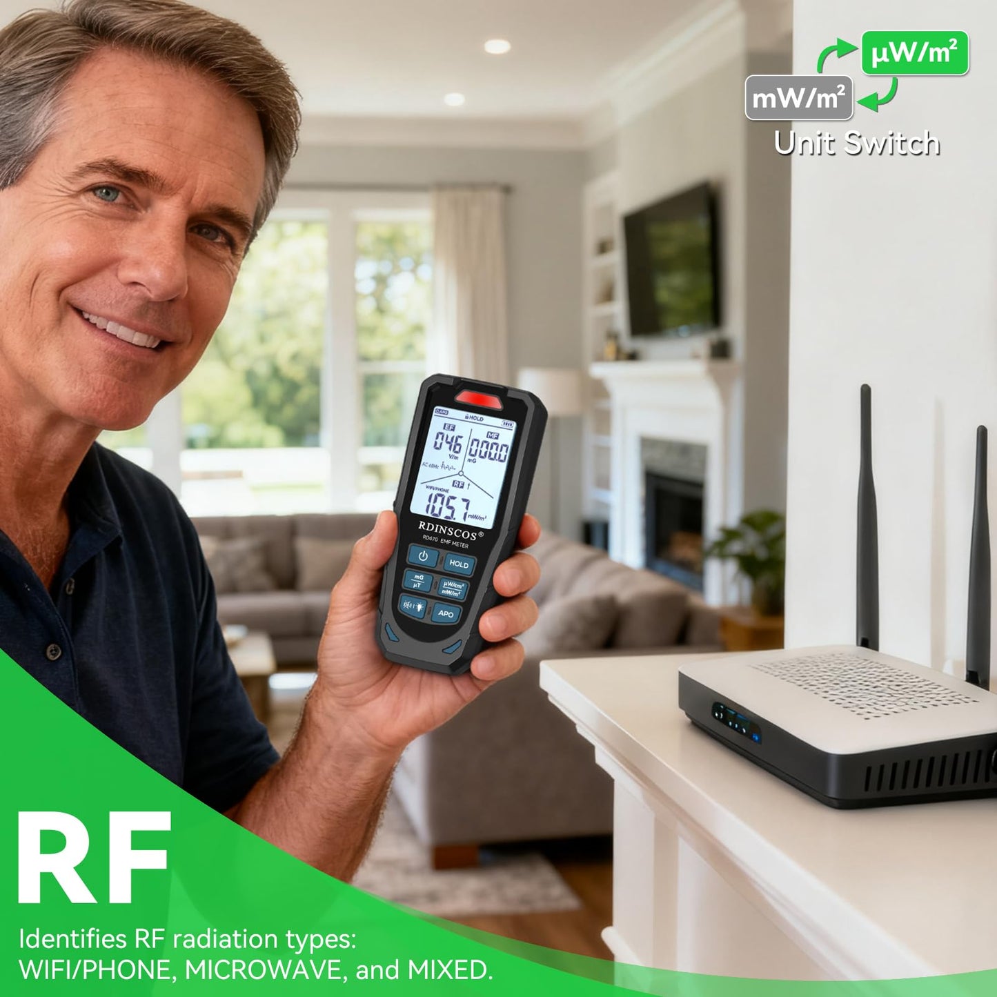 EMF Meter 5G RF Detector – Electric, Magnetic & Radio Frequency Field Tester up to 10GHz, Multi-Sensor EMF Detector for Power Lines, WiFi/Cell Phones, Smart Meters – LCD Display Sound & LED Alerts