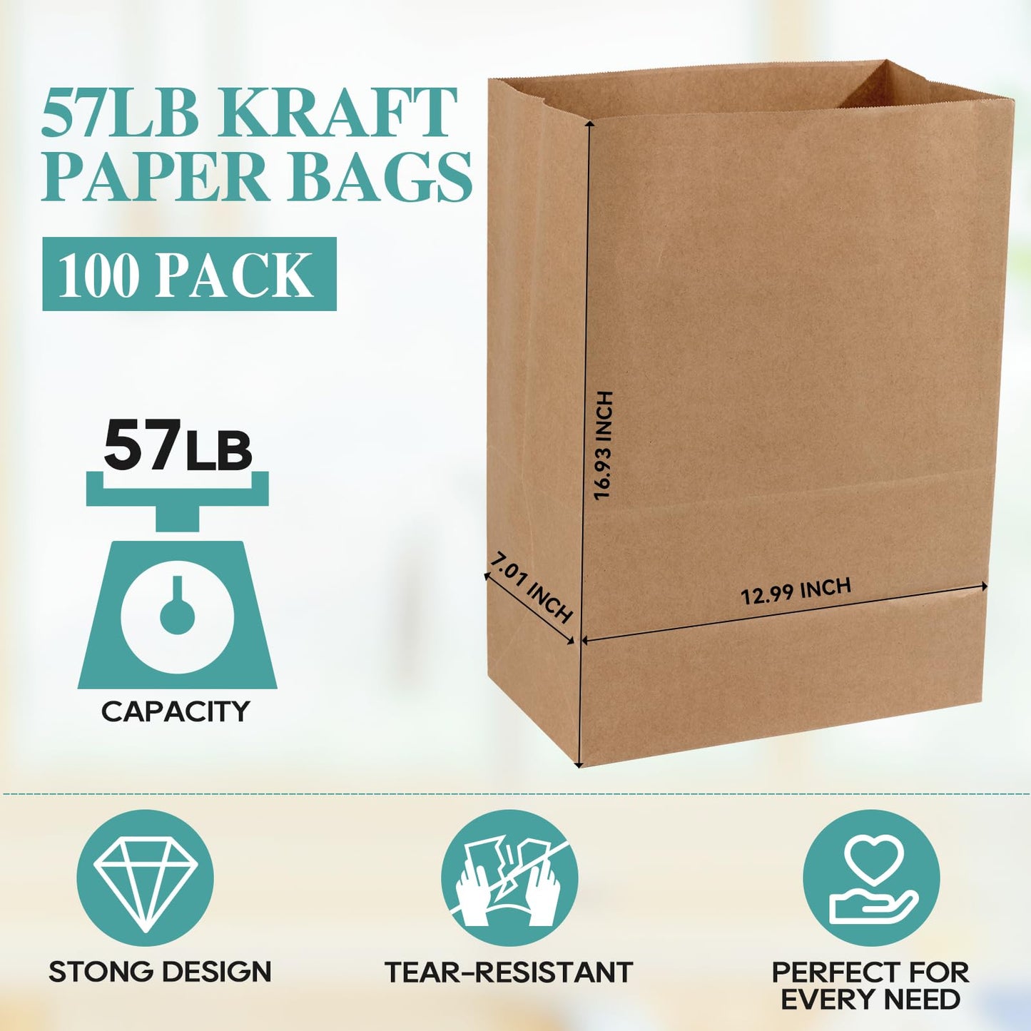 MUCHII 100 Count 57 LB Paper Grocery Bags, Large Brown Kraft Paper Bags for Storage, Shopping