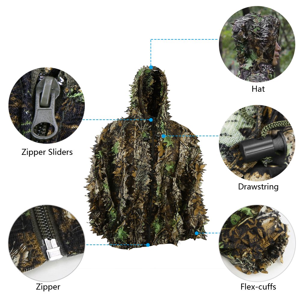 Zicac Outdoor Camo Ghillie Suit 3D Leafy Camouflage Clothing Jungle Woodland Hunting