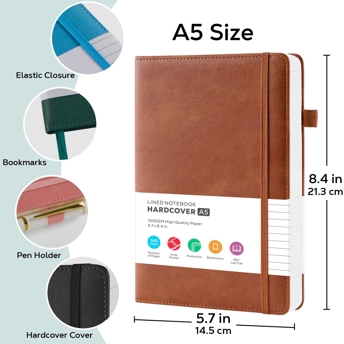 Lined Journal Notebook, A5 (5.7'' x 8.4"), 2 Pack Journaling Notebooks for Women Men Writing Work, Leather Hardcover, 160 Pages per Note Book, 100GSM Thick Paper, School Office Supplies, Black & Brown