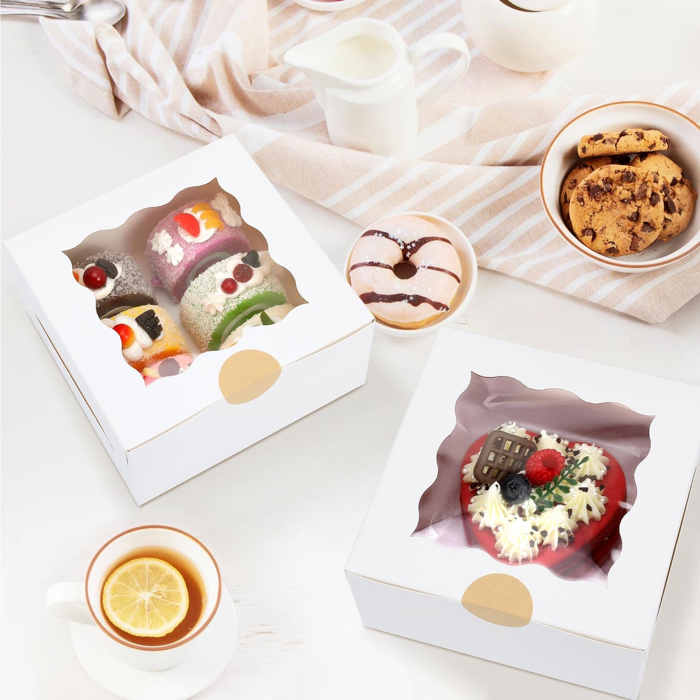 HawHawToys 60 Pcs Bakery Boxes with Window, 6 x 6 x 3 Inches, White Cookie & Pastry Boxes for Baked Goods