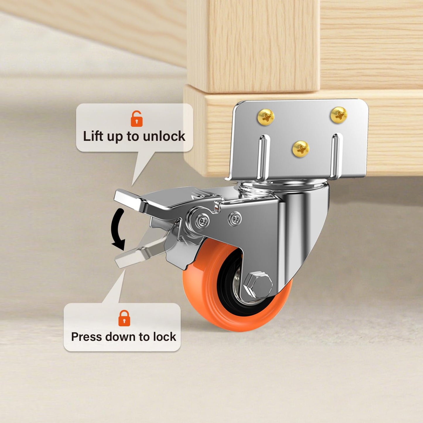 ASHGOOB 2inch L-Shaped Caster Wheels, Side Mount Casters Set of 16, Heavy Duty Casters with Brake, Double Bearing Locking Polyurethane(PU) Wheels for Baby Beds/Cabinets/Furniture（16 Pack