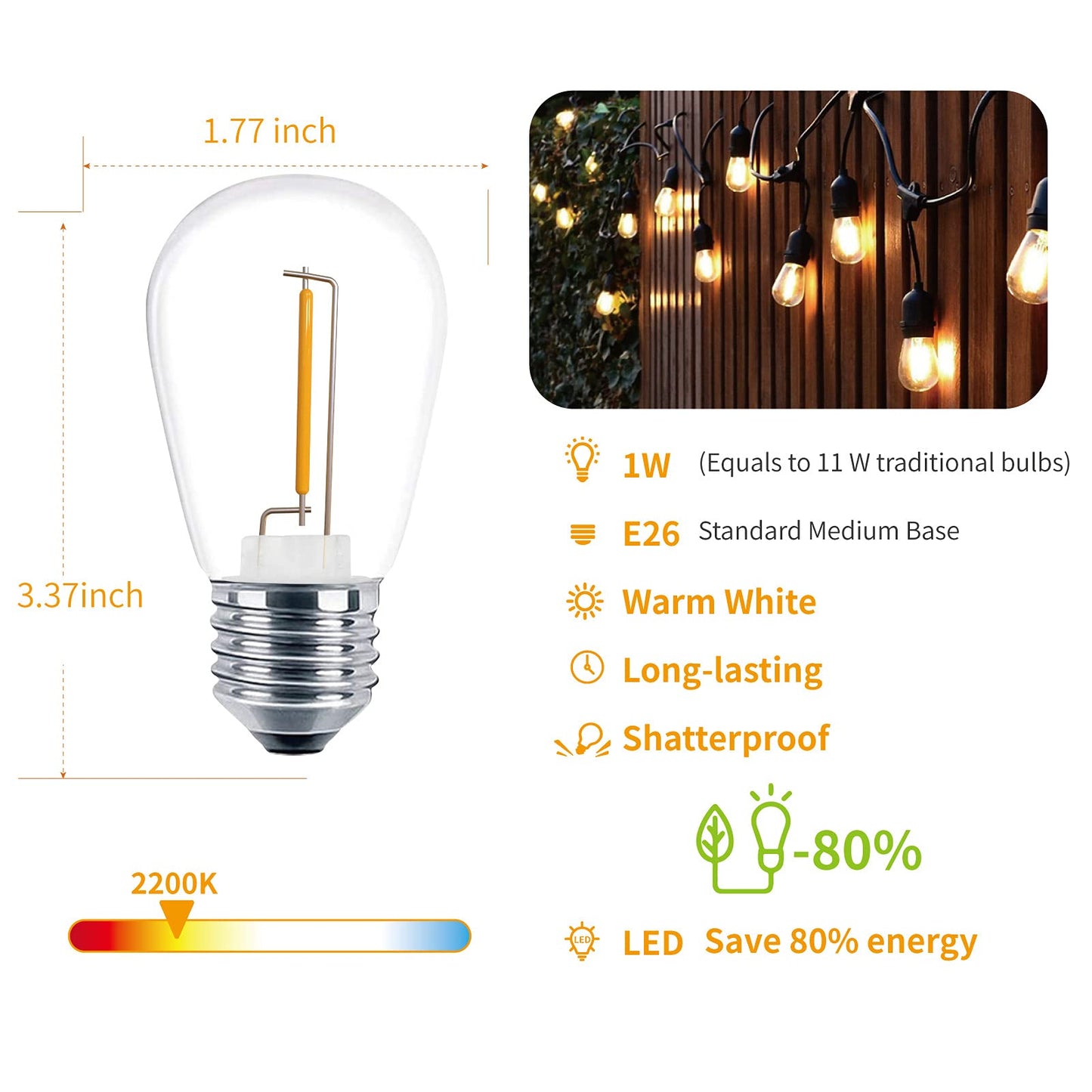 VISTERLITE 30 Pack S14 Edison Light Bulbs, Shatterproof LED Replacement Bulbs for String Lights, Patio Low Wattage LED Filament Clear Bulb, E26 Medium Base, Warm White 2200K, Non-Dimmable