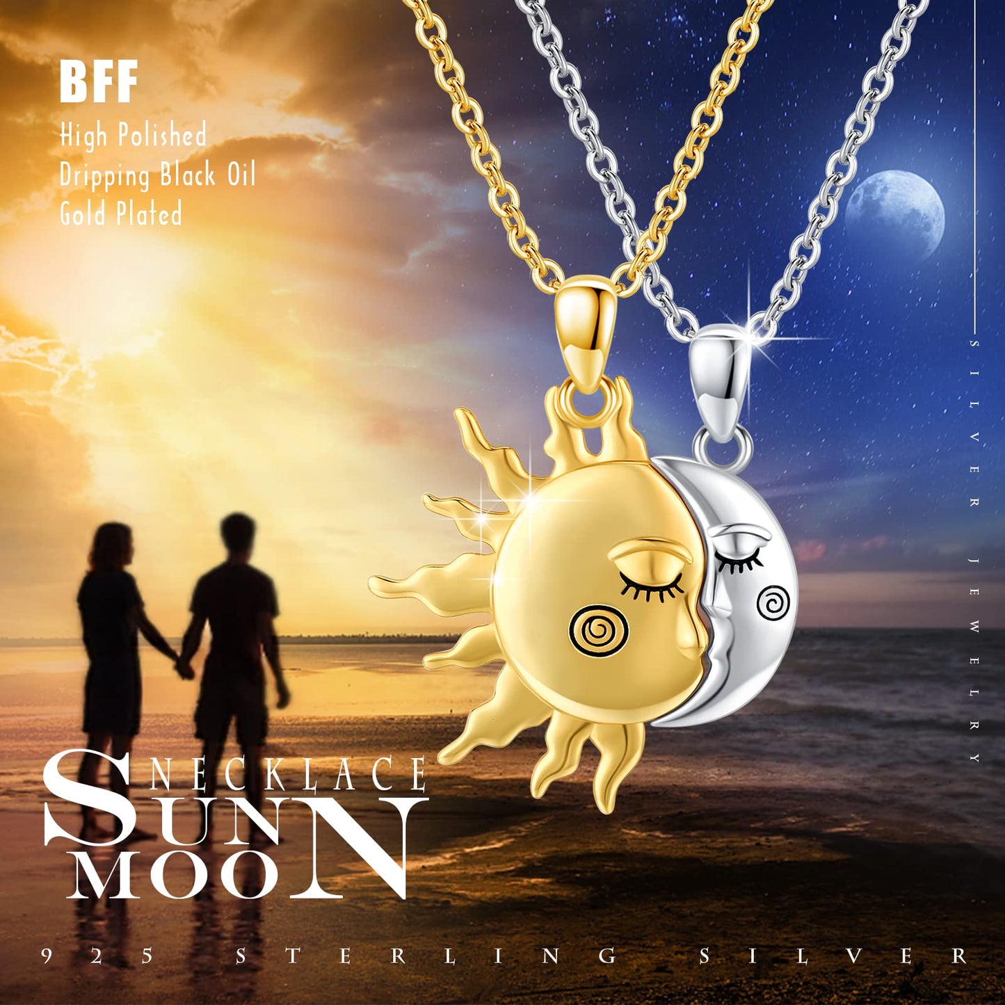 OHAYOO Sun Moon Couples Necklace, 925 Sterling Silver, Unisex Friendship Jewelry for Women Men