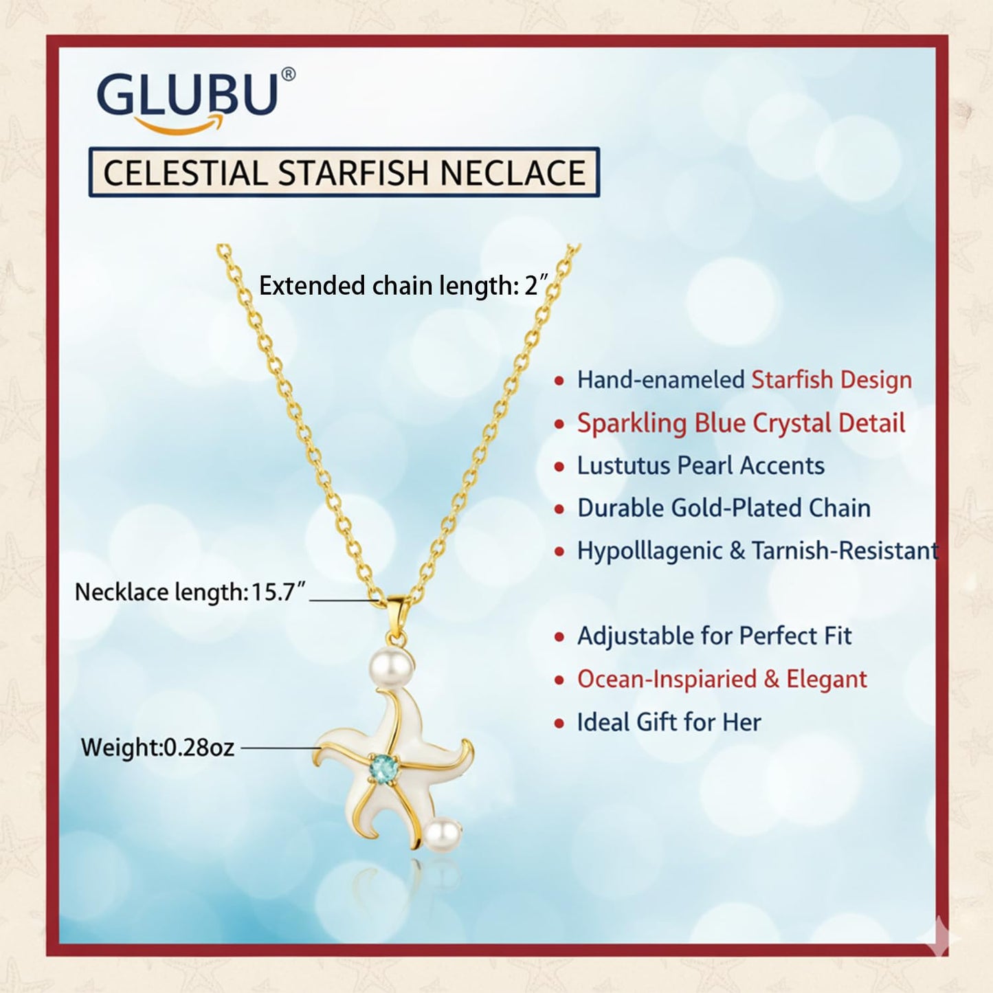 GLUBU Meaningful Dainty Starfish Pearl Necklace for Women Elegant Gold Beach Jewelry Gift for Her Summer Vacation Sea Star Pendant With Gift Box
