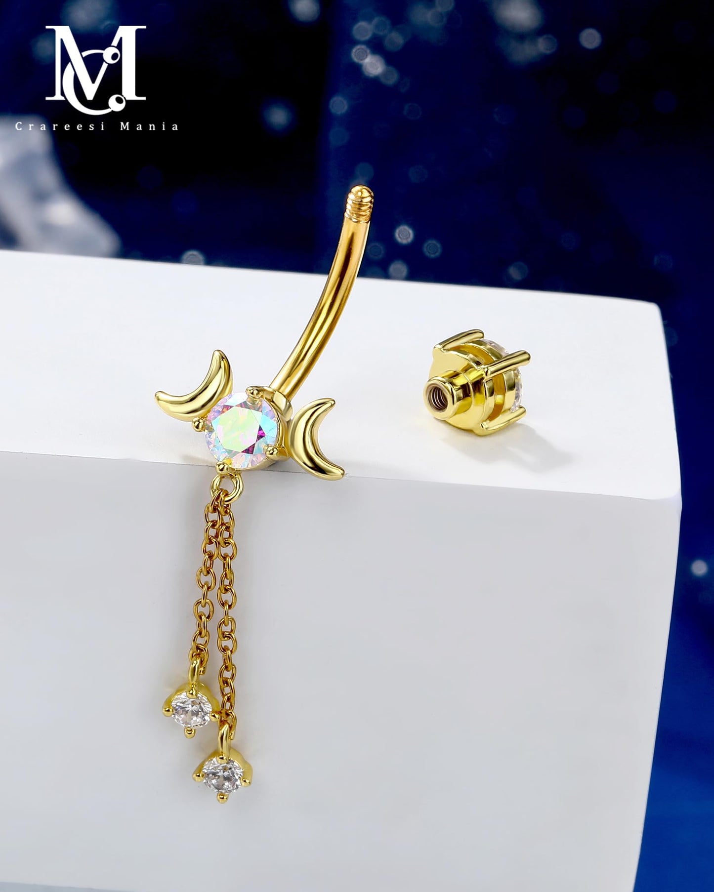 CM Crareesi Mania Dangle Belly Button Rings 14G Dangle Chain Belly Rings Moon Phase 316L Surgical Steel Gold Belly Piercing Jewelry for Women