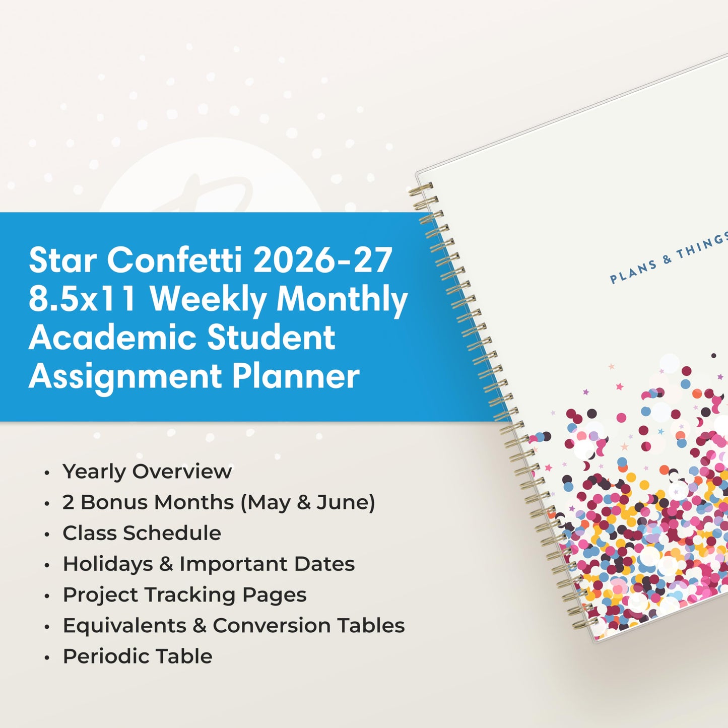 Blue Sky 2026-2027 Weekly and Monthly Academic Year Student Planner Calendar, July 2026 - June 2027, 8.5" x 11", Flexible Cover, Wirebound, Laminated Tabs, Star Confetti Bright