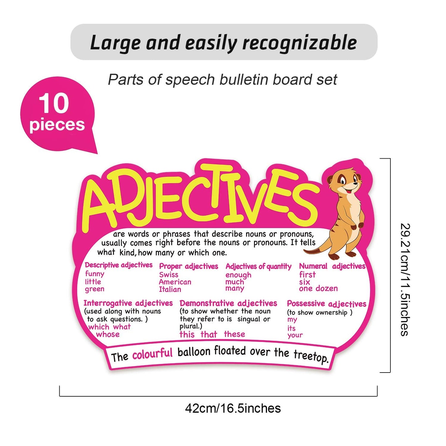 Outus 10 Pcs Parts of Speech Poster for Classroom Teachers (Bright, Animal)