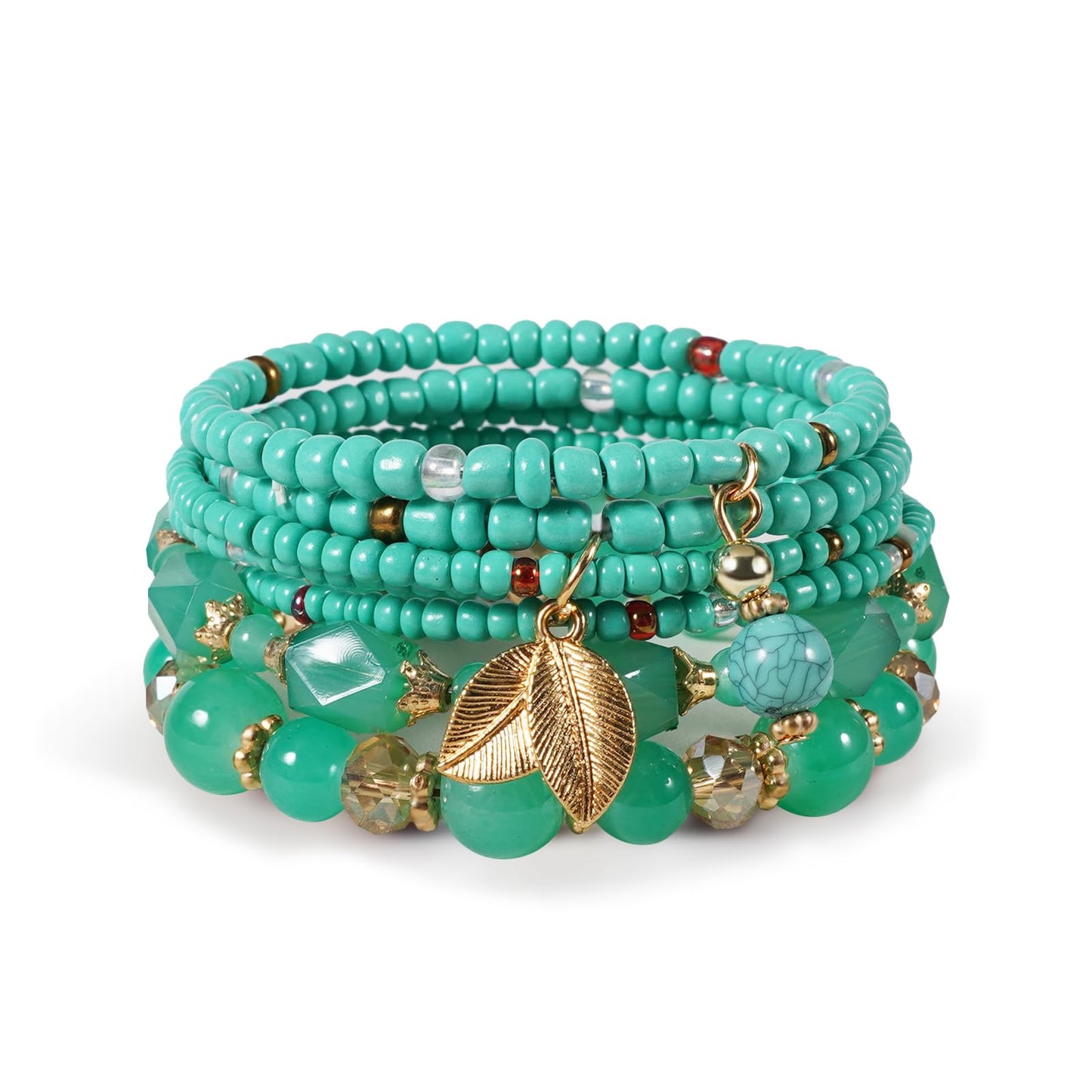 Briutn Turquoise Beaded Bracelet for Women Stackable Gold Leaf Charm Stretch Bracelets Boho Summer Beach Jewelry