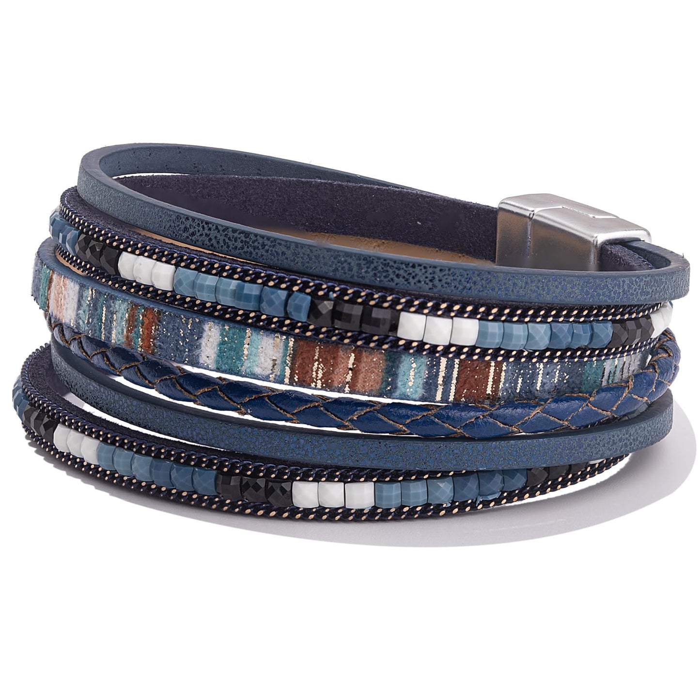 FANCY SHINY Boho Leather Wrap Bracelets Trendy Layered Bracelets with Magnetic Clasp Strackable Bohemian Cuff Jewelry Gifts for Women(Navy Blue)
