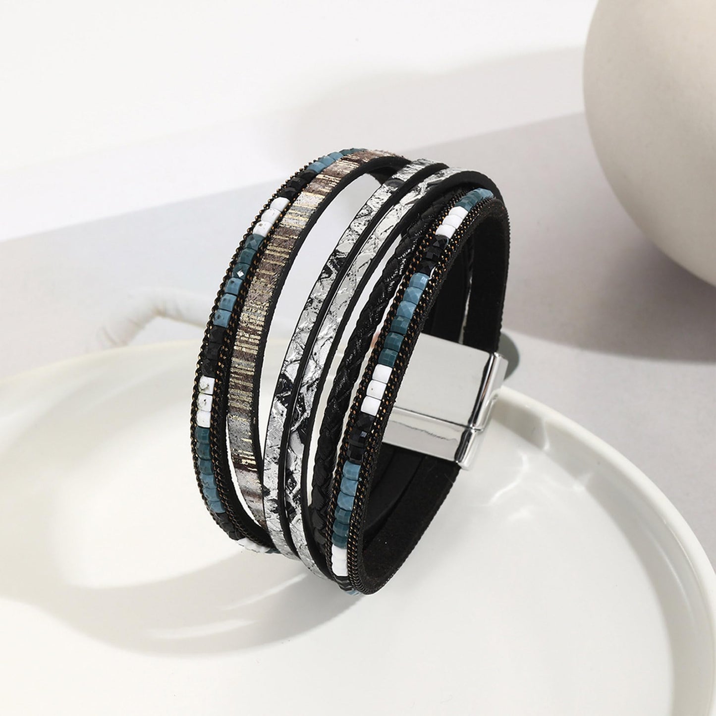 VIBILIA Boho Leather Wrap Bracelets for Women Trendy Layered Multi-Layer Bracelets with Strong Clasp Jewelry for Women-Black