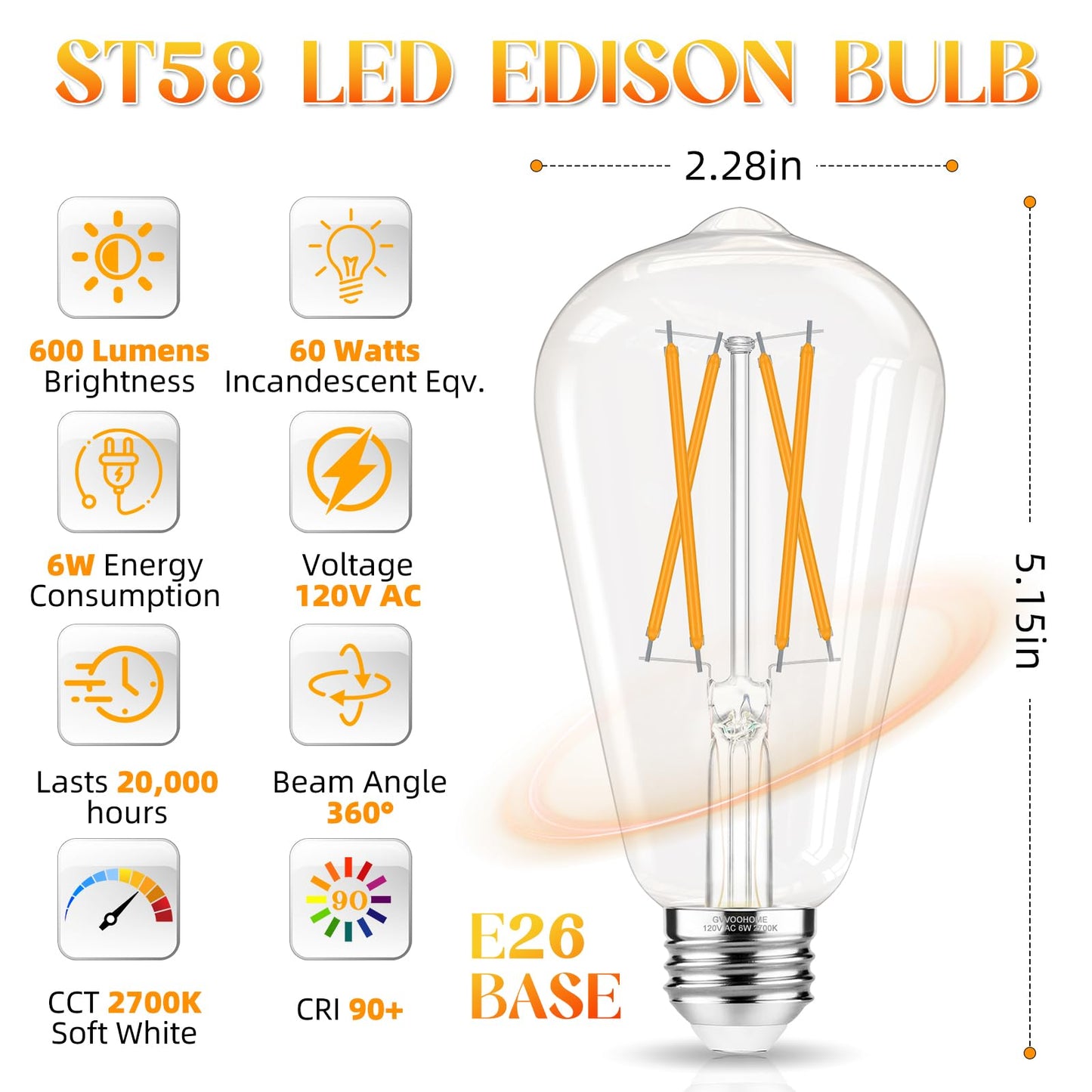 GvvooHome LED Edison Bulbs, E26 Bulb 60 watt Equivalent, Non-Dimmable, Soft White 2700K, ST58 Vintage Light Bulbs, 90+ CRI, 6W 600LM, E26 Medium Base, Clear Glass, 6 Pack