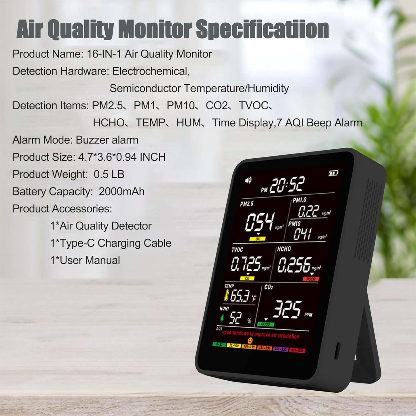 Professional Indoor Air Quality Monitor with AQI Alerts, Portable Real-Time Detector for Home, Car, Plants & Pet