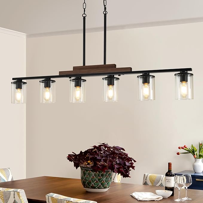 Dining Room Light Fixture Over Table, Farmhouse 6-Light Kitchen Island Lighting, Linear Black Chandelier with Clear Glass Shades, Modern Rustic Wood Pendant Kitchen Lights, with Adjustable Height
