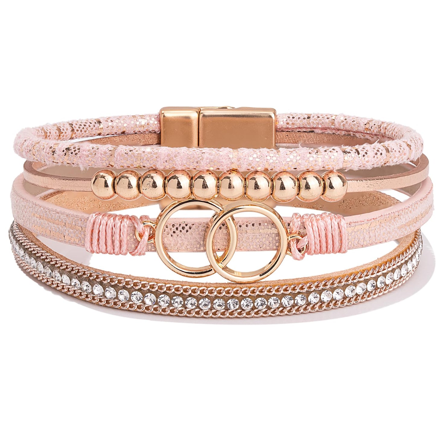 FANCY SHINY Boho Leather Wrap Bracelet Stackable Beaded Infinity Chunky Cuff Bracelets with Magnetic Clasp Western Hippie Outfits Jewelry Gifts for Women(Pink)