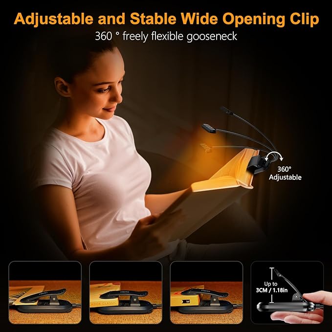 Gritin Rechargeable Book Light for Reading in Bed with 19 LED &Memory Function-Eye Caring 3 Color Temperatures,5 Brightness Levels,90 Hrs Runtime Flexible Goose Neck Clip on Light for Book Lovers