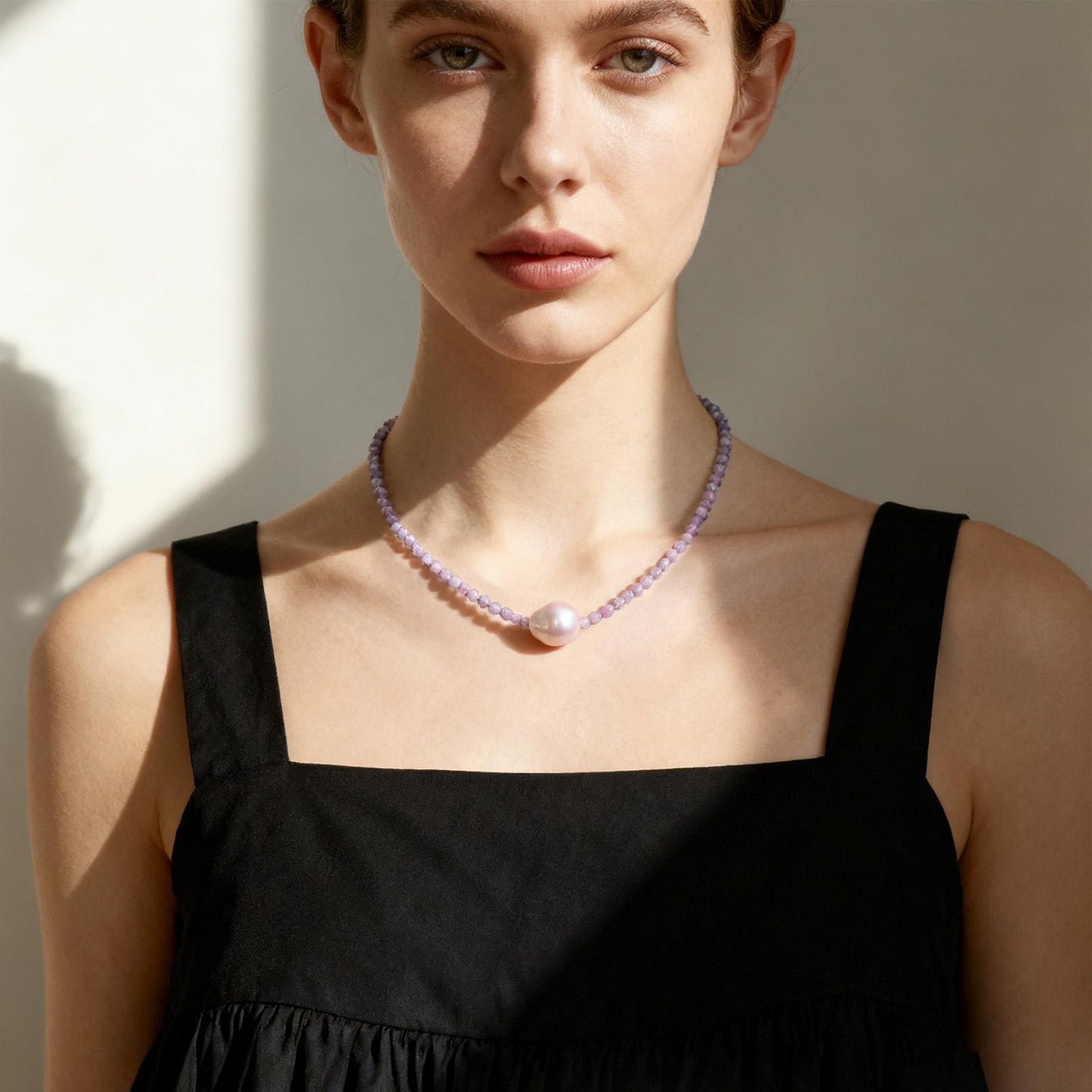 GEMTAL Single Pearl Pendant Necklaces for Women, Natural Gemstone Women Amethyst Beaded Choker Necklace, Dainty Freshwater Pearl Handmade Jewelry Gift Birthday Valentines Day Anniversary(Amethyst, 16")