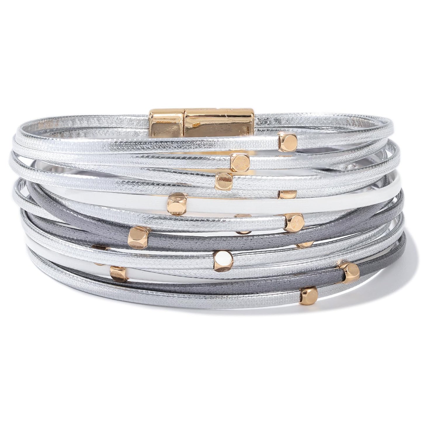 FANCY SHINY Beaded Leather Wrap Bracelets Cute Boho Stackable Bangle Cuff with Magnetic Clasp Layered Trendy Jewelry for Women(Metallic Gray)