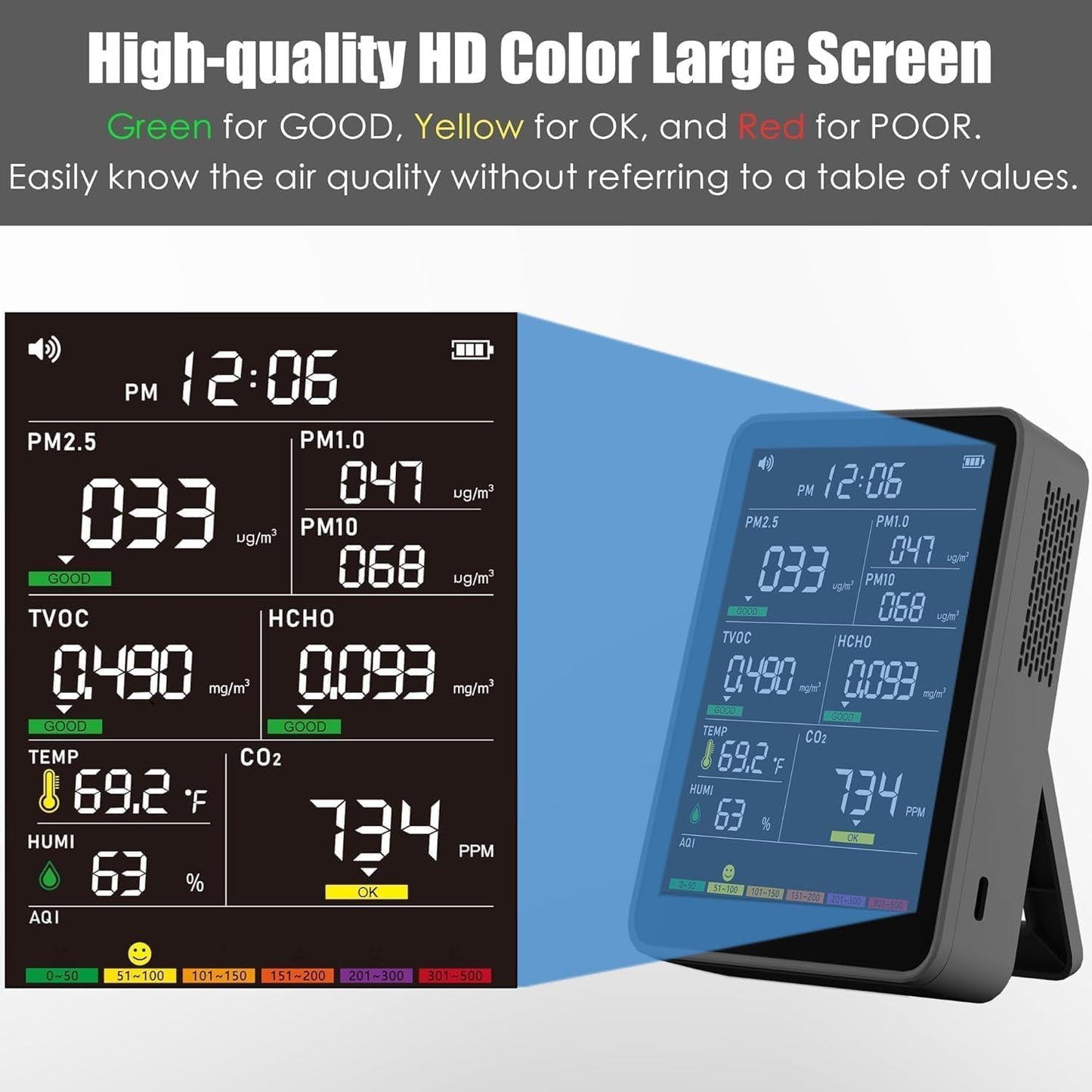 Professional Indoor Air Quality Monitor with AQI Alerts, Portable Real-Time Detector for Home, Car, Plants & Pet