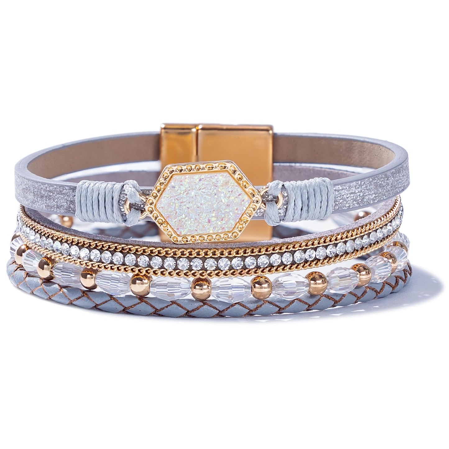 FANCY SHINY Crystal Beaded Leather Wrap Bracelet Stackable Boho Jewelry for Women Trendy Braided Resin Stone Bangle Cuff with Magnetic Clasp(Metallic Gray)