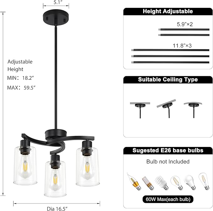 3 Light Modern Dining Chandeliers Over Table，Black Light Fixture for Dining Room，Farmhouse Chandelier with Glass Shade，Industrial Pendant Lights Kitchen Island，Foyer,Hallway, Bedroom