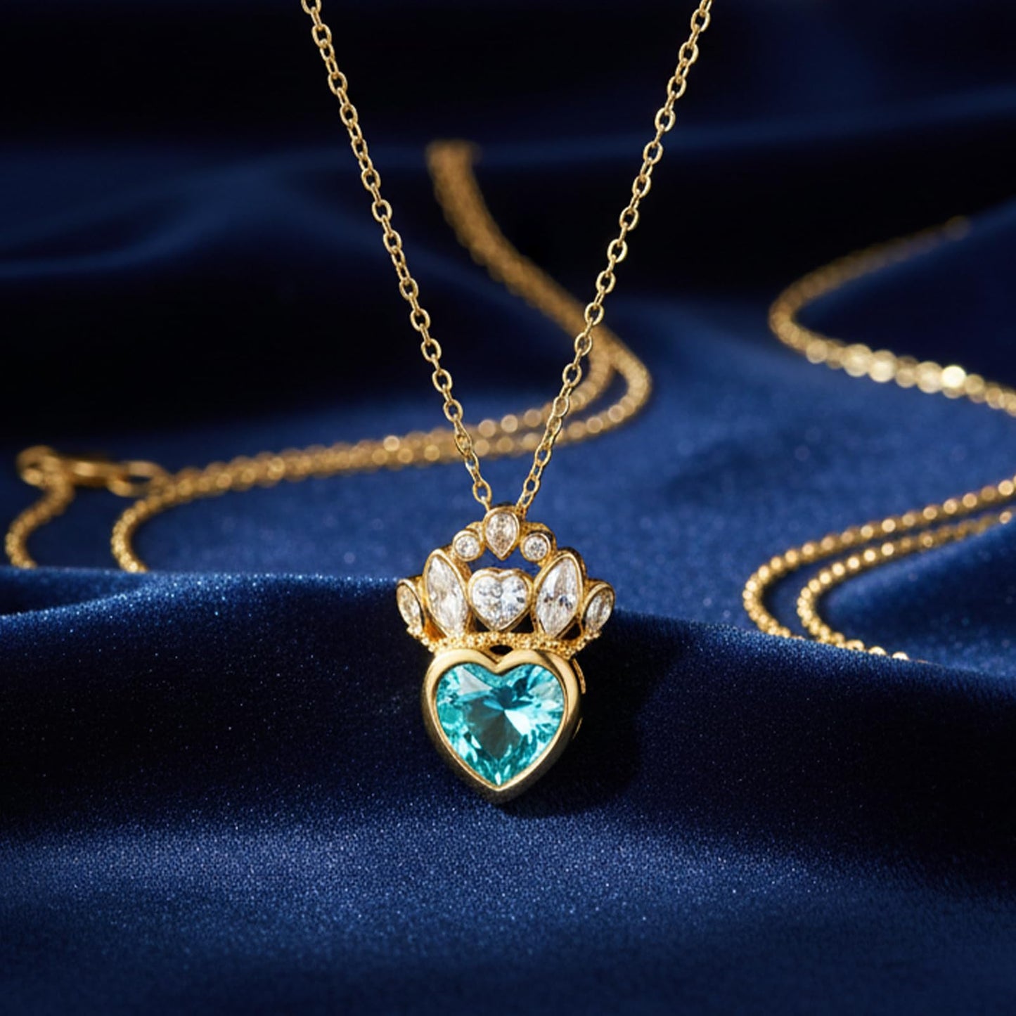 crataly Gold Plated Crown Aquamarine Heart Necklace for Women-March Birthstone Princess Necklace For Valentine's Day Mother's Day Christmas Birthday Gifts