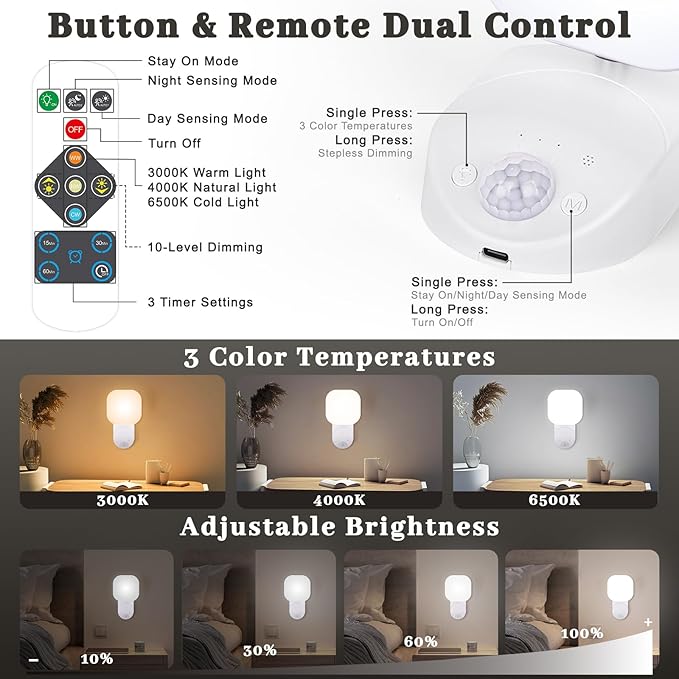 Yochoice Rechargeable Battery Operated Wireless LED Wall Light with Remote Control, Motion Sensor Light Indoor with Adjustable Angle, Battery Powered Wall Sconce for Closet Bedroom Garage Hallway