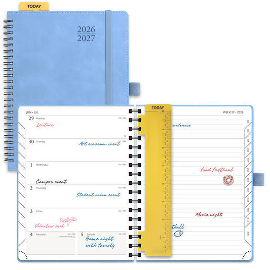 POPRUN Weekly Planner 2026-2027, 6.5" x 8.5", (July 26-June 27) Academic Weekly and Monthly Planner, Calendar Notebook 2026-2027 Agenda for School, College, Spiral Leather Softcover - Cerulean Blue