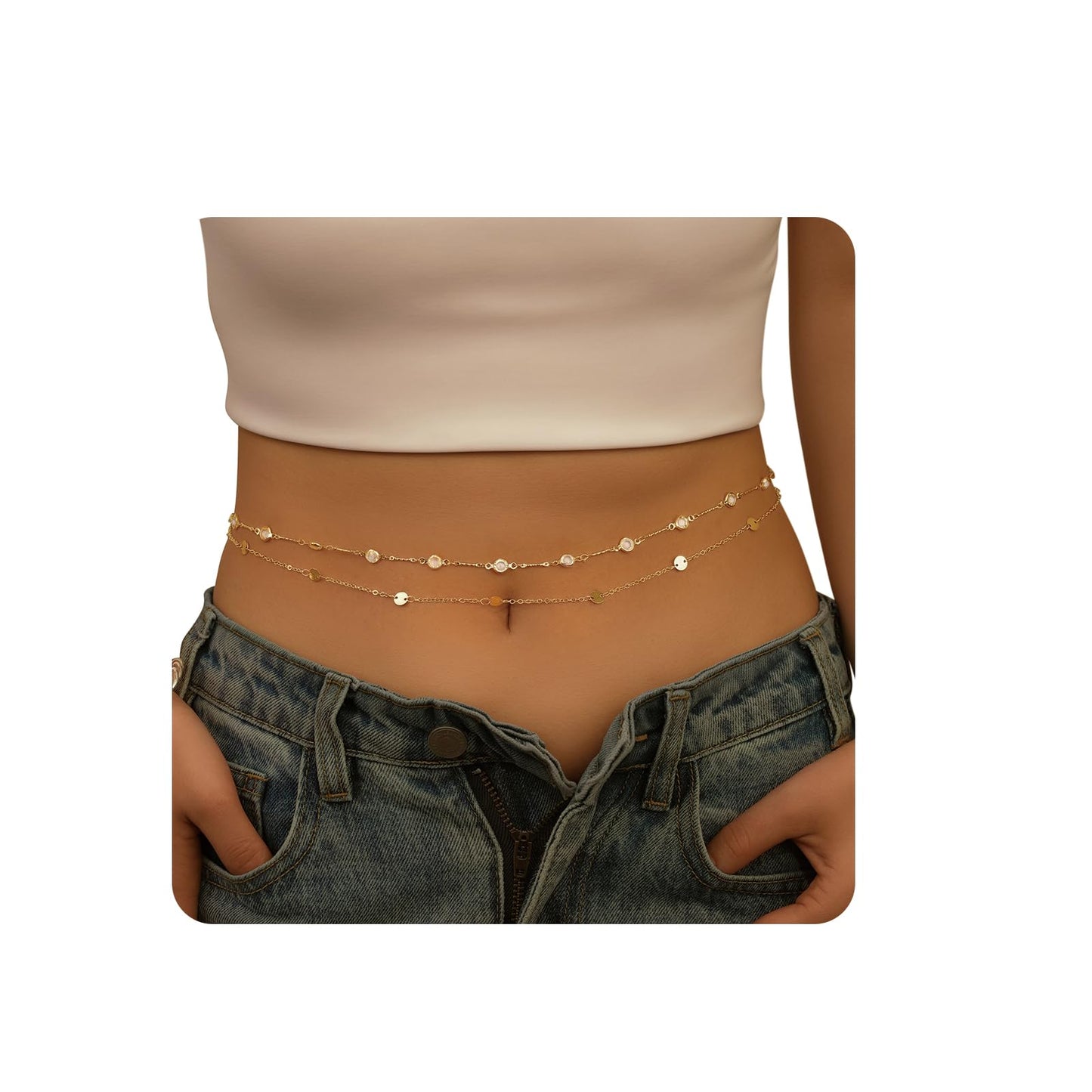 Waist Chain for Women 14K Gold Plated Layered Belly Chain Body Chain Adjustable Bikini Beach Body Jewelry for Women 2 Pcs/Set