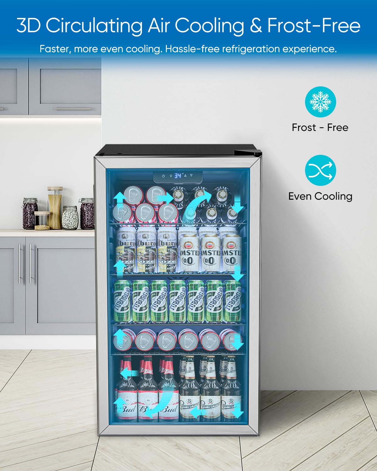Feelfunn 3.2 Cu.Ft Mini Fridge with Glass Door - 126 Can Beverage Refrigerator Cooler for Drink Beer Wine Soda, Small Refrigerator for Bedroom Office Bar Dorm, 4 Adjustable Shelves, Silver