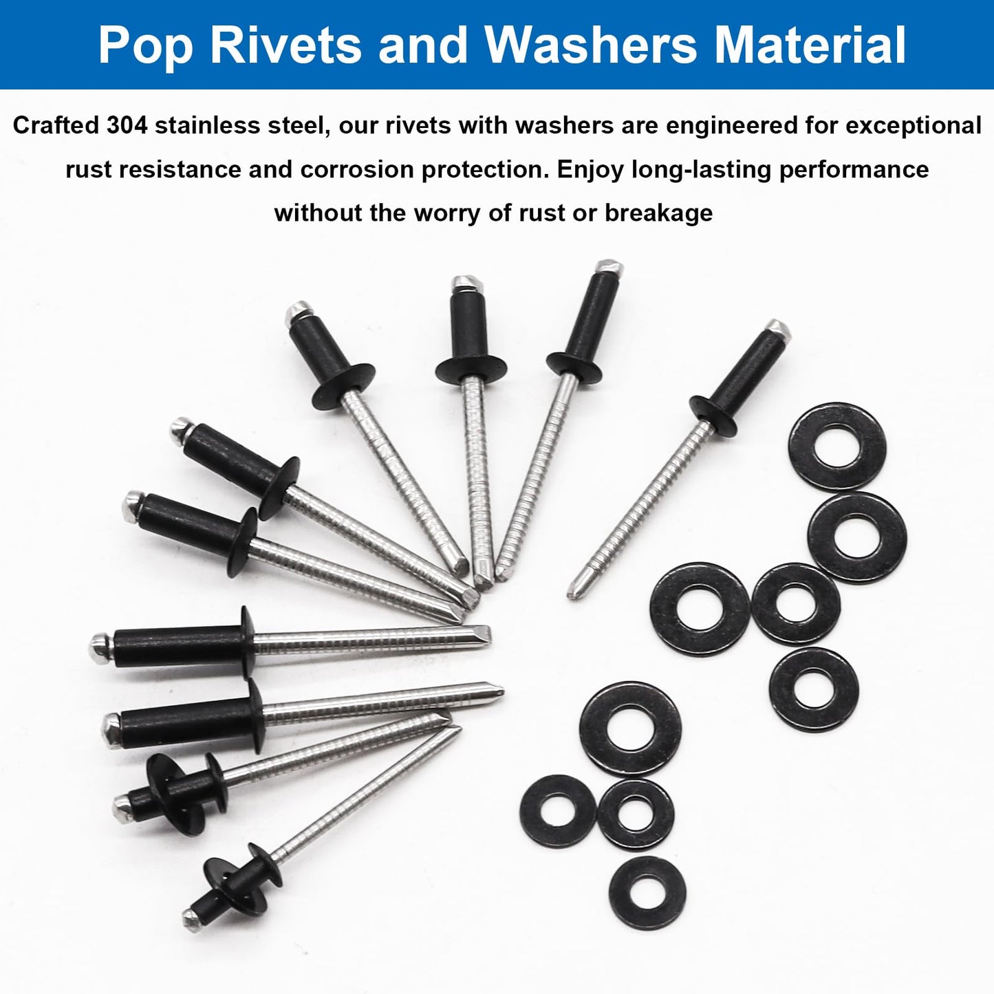 smseace 600Pcs Stainless Steel Black Pop Rivets with Washer Assortment Kit 8-Sizes Stainless Rivets(1/8Inch 5/32Inch 3/16Inch) for Metal,Furniture,Automotive,Instruments