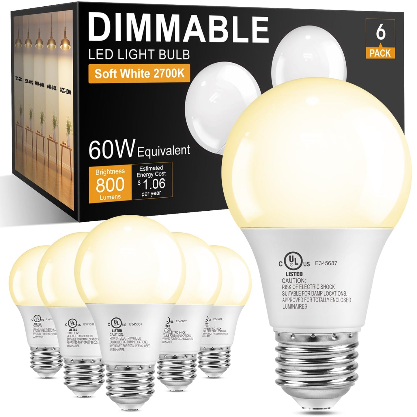 TJOY A19 Dimmable LED Light Bulbs, E26 Led Bulbs 60 Watt Equivalent, Warm Soft White 2700K, 800 Lumens Standard Base, Energy Saving Lightbulbs, Efficient 9W, 120V, 15,000 Hour Lifetime, 6 Pack