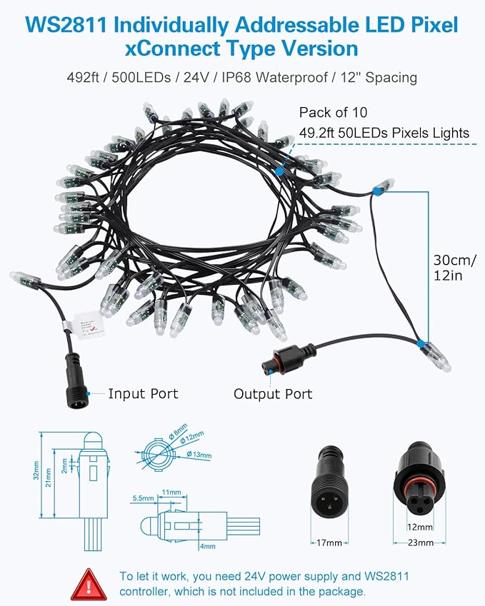 ALITOVE WS2811 Individually Addressable RGB String Lights Xconnect 429ft 12mm Diffused LED Bullet Pixel Lights 500pcs Waterproof IP68 for House Halloween Christmas Outdoor Decor,24V 12inch Spacing