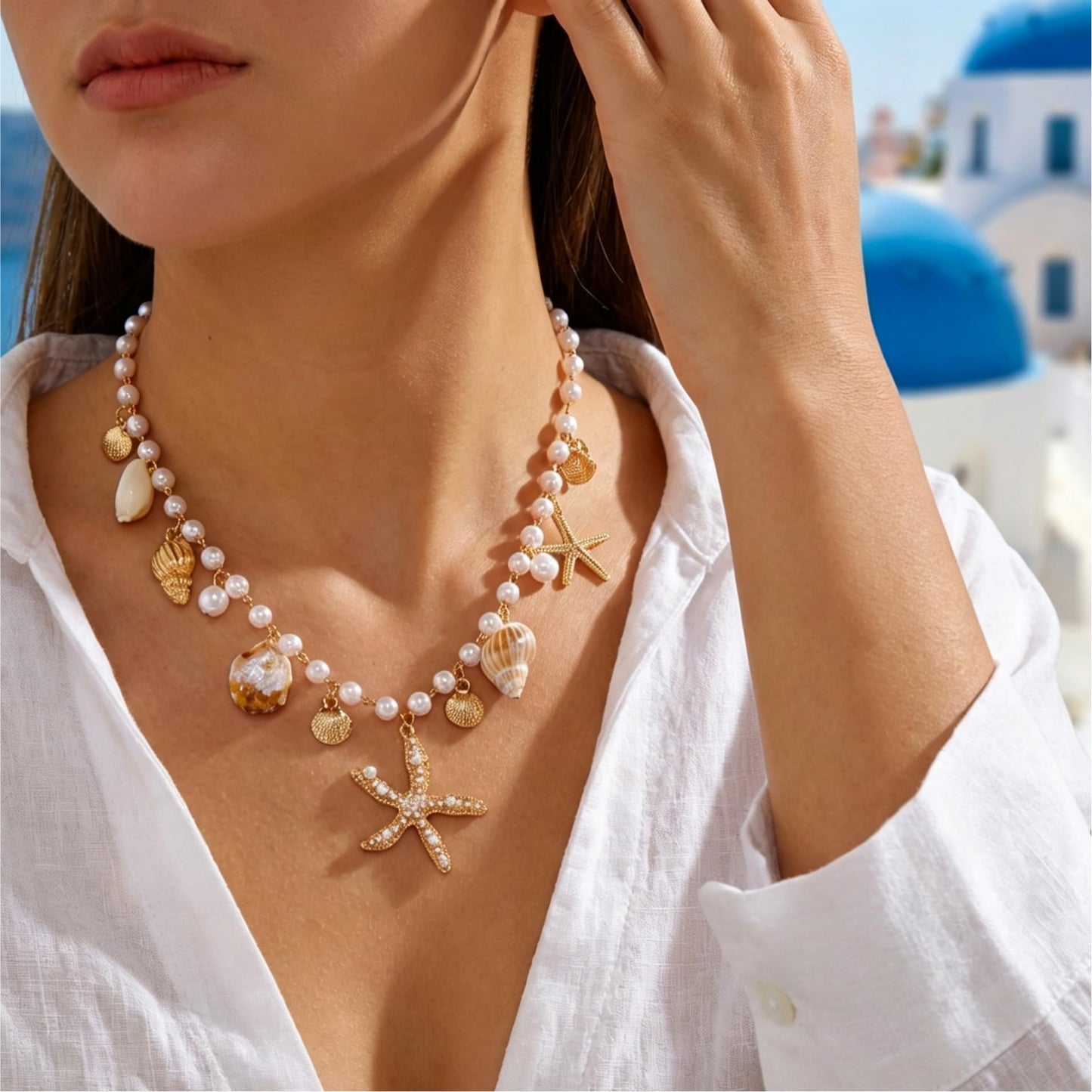 Shell Starfish Necklace for Women Gold Plated Pendant Pearl Necklace Boho Beaded Dainty Adjustable Necklaces Shell Conch Summer Beach Cuff Jewelry Accessories