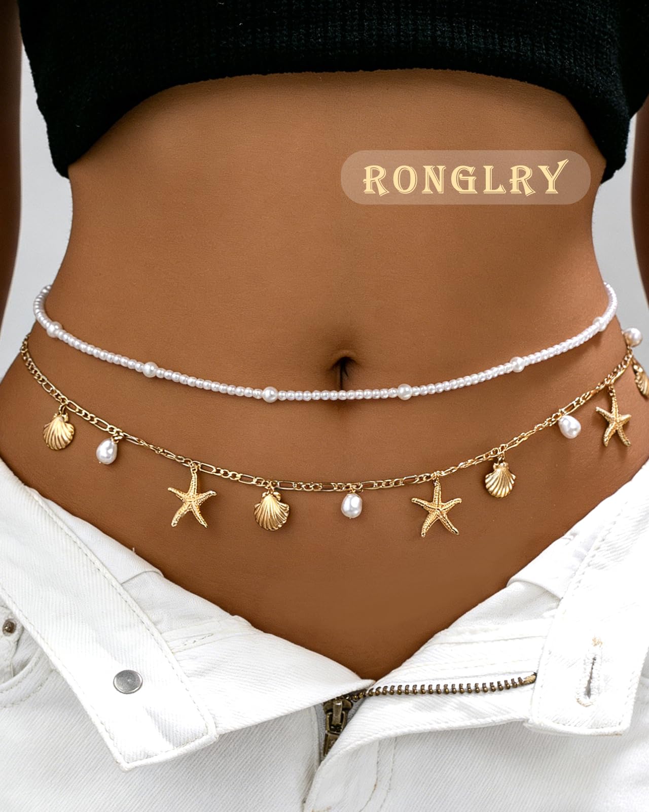 Ronglry 2pcs Gold Starfish Waist Chain for Women Layered Shell Belly Chain Beach Waist Beads Body Chains for Women Boho Adjustable Sexy Bikini Body Chain for Summer Beach Jewelry Accessories-shell