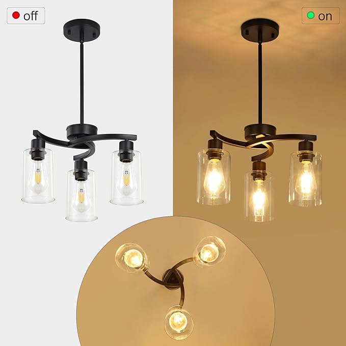 3 Light Modern Dining Chandeliers Over Table，Black Light Fixture for Dining Room，Farmhouse Chandelier with Glass Shade，Industrial Pendant Lights Kitchen Island，Foyer,Hallway, Bedroom