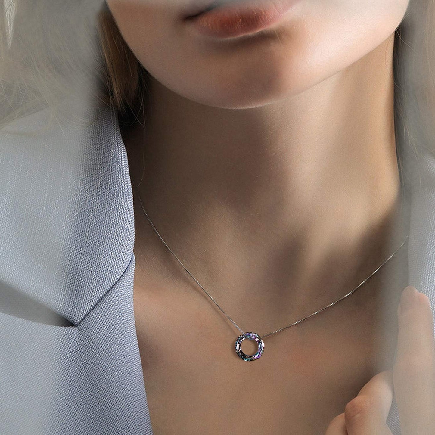AOBOCO 925 Sterling Silver Circle Necklace with Austrian Crystal, Jewelry for Women Birthday Gift Christmas Holiday Gift（Dia 0.55" Circle Purple）