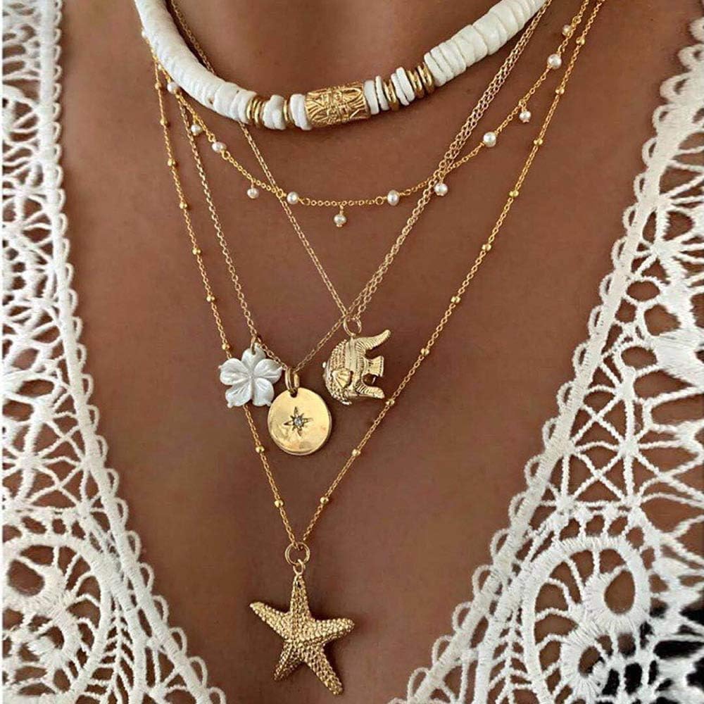 KummerSaprk Seashell Necklace Summer Vacation Jewelry for Women Gold Beachy Necklace Stack Starfish Flower Cowrie Sea Shell Pendant Necklaces Summer Essentials Accessories Gifts
