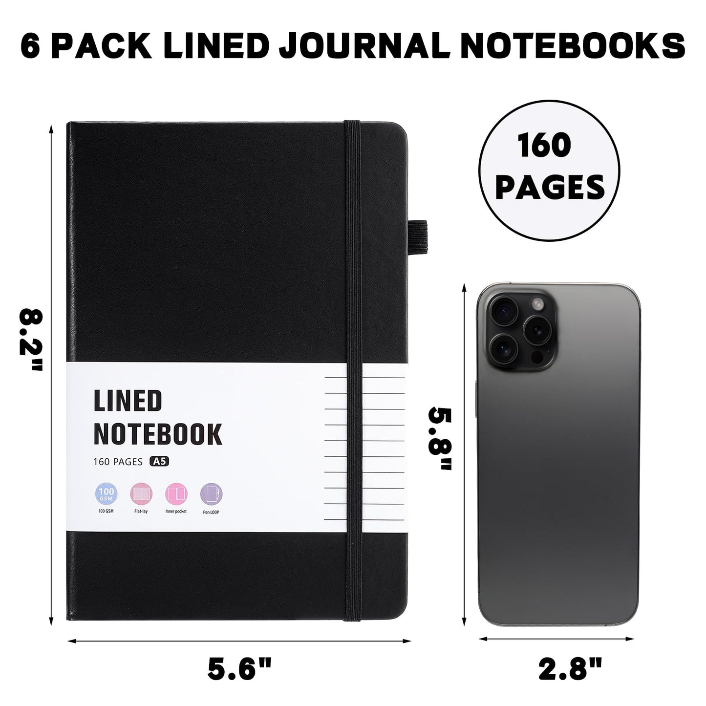 Thboxes 6 Pack Hardcover Journaling Notebooks, 5.6" x 8.2" A5 Multicolor Ruled Notebooks with Pen Holder, Lined Journals for Women Man Office Supplies Note-Taking, Work, School，Black