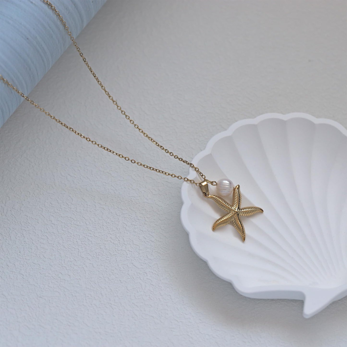 Gold Plated Coastal Starfish and Pearl Necklace for Women,Hypoallergenic Ocean Theme Beach Jewelry