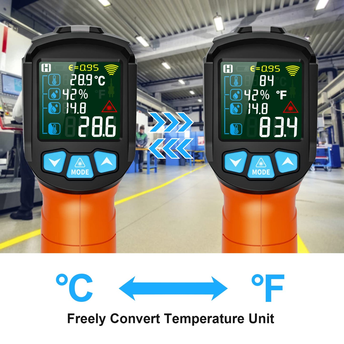 Infrared Thermometer Gun, Non Contact Digital Laser Thermometer Temperature Gun with Color LCD for Cooking, Home Repairs, Humidity Measurement, Adjustable Emissivity -58°F to 1472°F(-50~800°C)