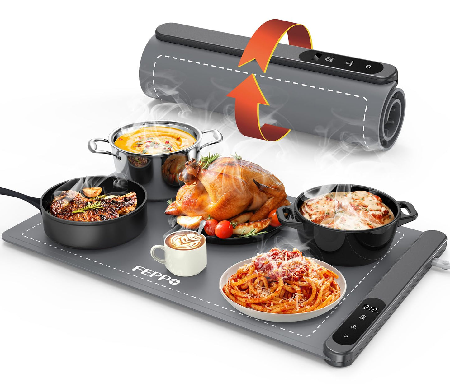 FEPPO Food Warming Mat, Upgrade High-tech Heating System, Fast Full Surface Electric Warming Tray with 6 Level Adjustable Temperature and 6 Hours Timer, Roll Up Food Warmers for Parties Buffet