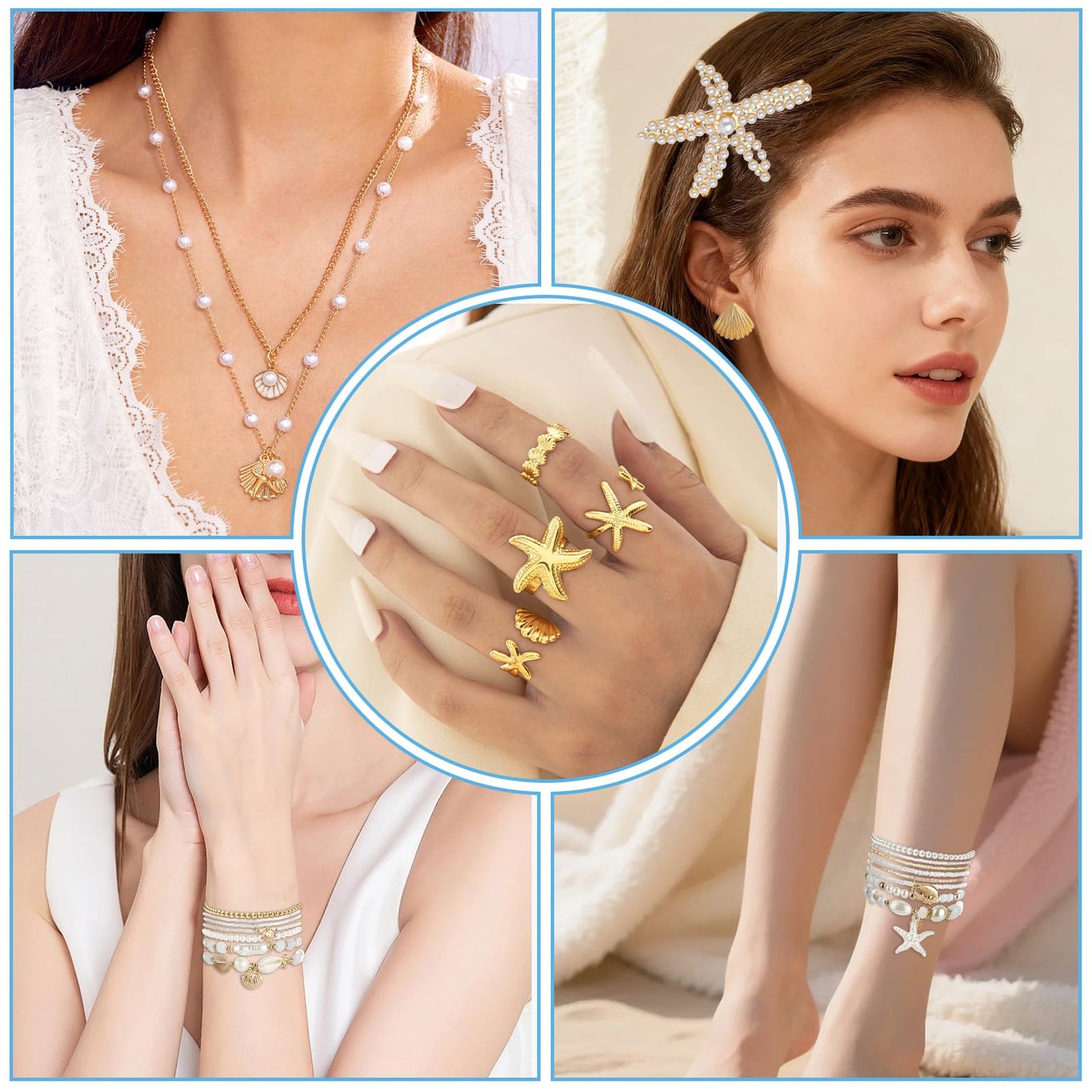 42 Pcs Starfish Seashell Jewelry Set Beach Jewelry for Women Summer Mermaid Accessories Layer Necklace Bracelets Stackable Rings Anklet Stud Earrings Pearl for Holiday Vacation Wedding Party Gifts