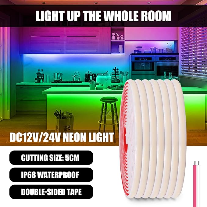 24V COB Neon Strip, 320LEDs/m Ultra-Bright Flexible COB Neon LED Strip, Outdoor Waterproof IP68 Self-Adhesive Tape, Red/White 2-Wire LED Fairy Lights for Patio, Christmas（Ice Blue,3M）