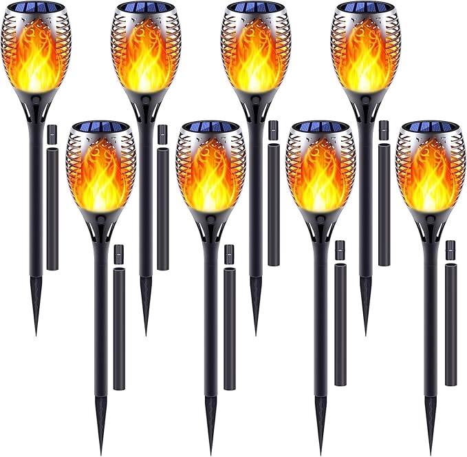 Solar Torch Lights, 8 Pack with Extension Rods & Realistic Flickering Flame, Waterproof Outdoor Pathway Lights for Garden, Yard, Patio, Lawn Landscape Decoration